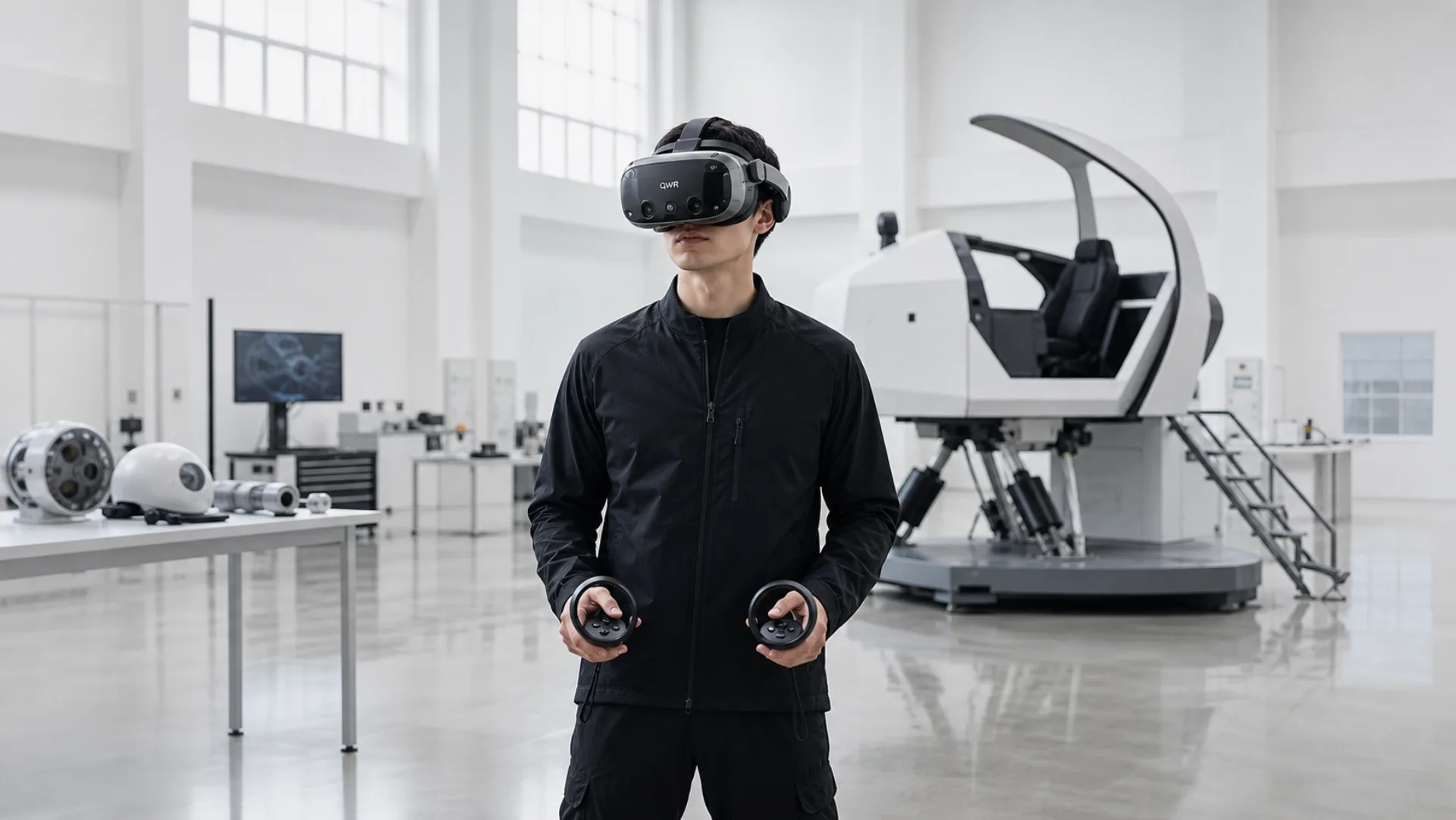 Engineer in a QWR VR headset in the clean-room R&D lab beside a motion platform